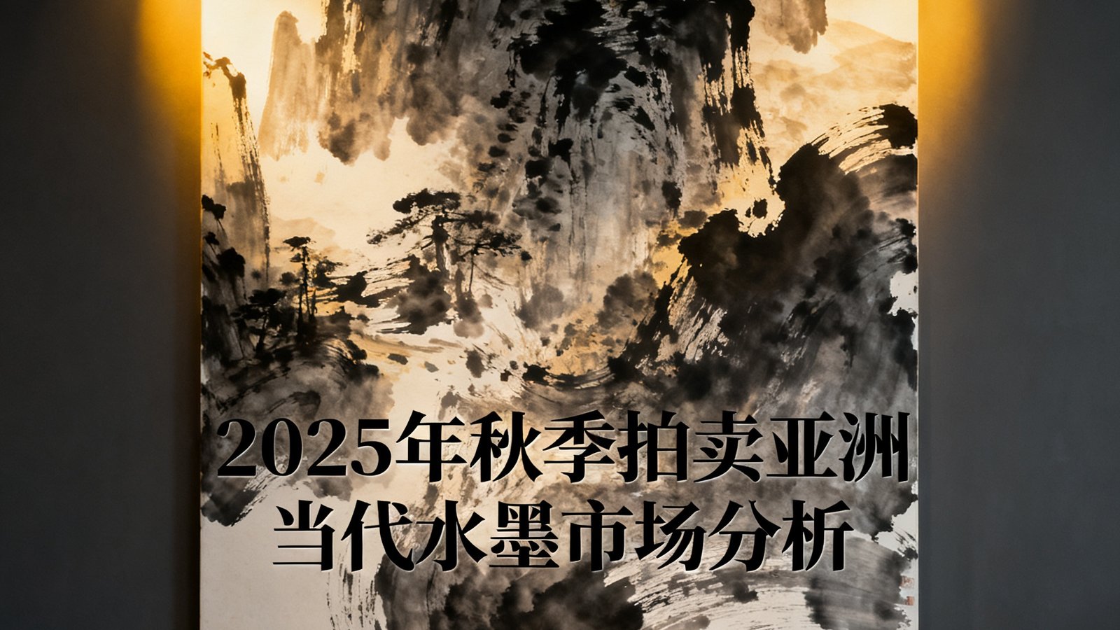 一篇关于2025年秋季拍卖亚洲当代水墨市场分析的专题文章配图，画面中展示了一幅大型当代水墨作品的局部特写，墨色层次丰富，笔触既有传统韵味又融入现代抽象元素，作品在聚光灯下呈现出深邃的视觉张力。